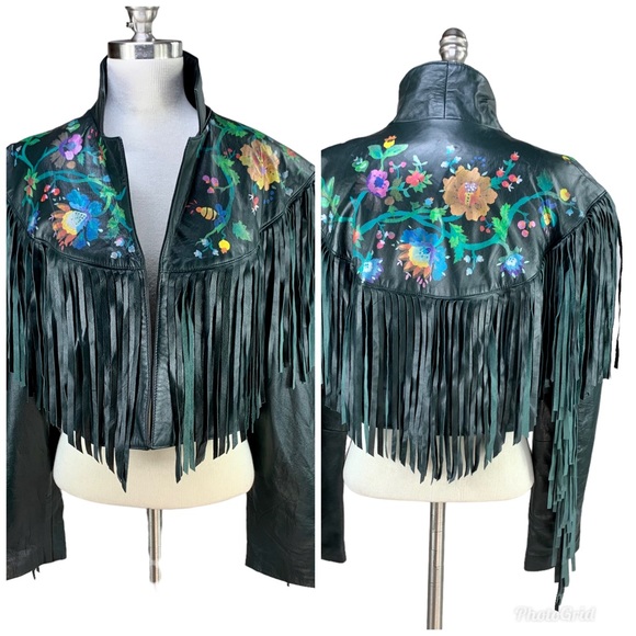 Elisa Jackets & Blazers - Hand Painted Forest Green Leather Fringe Cropped Jacket M Flowers Boho
